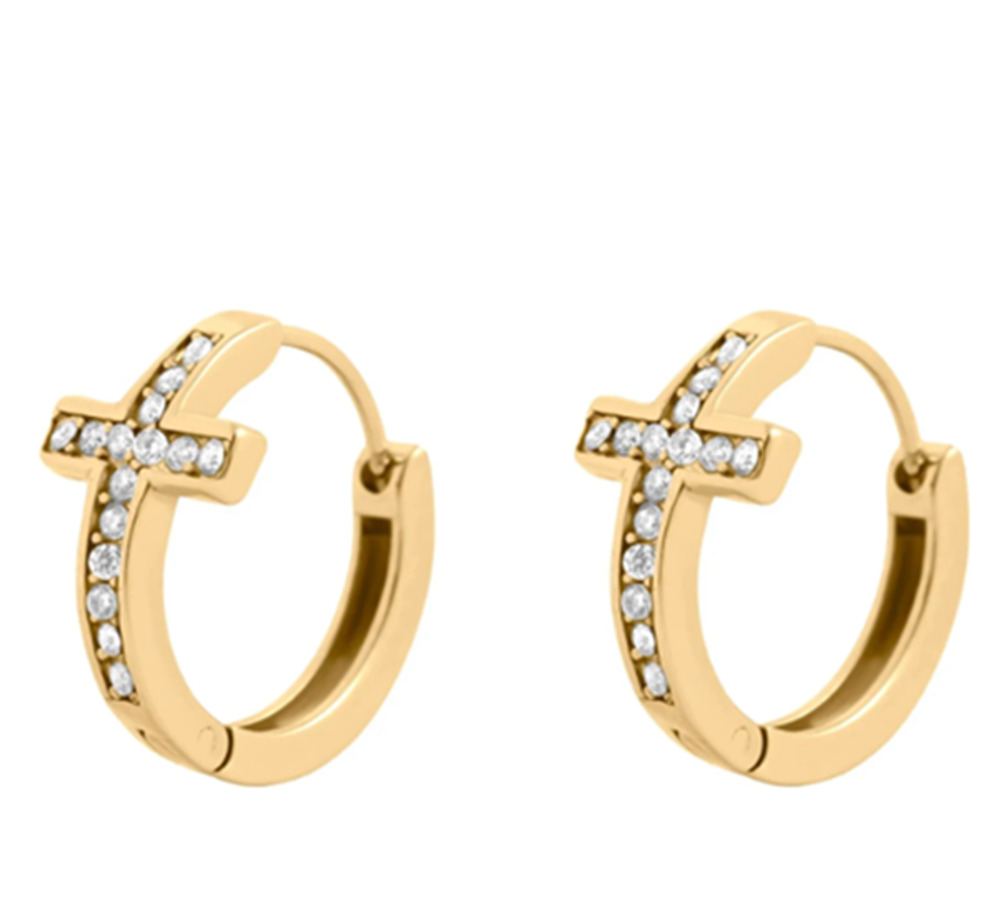 18K Gold PVD Stainless Steel Stone Cross Huggies Earrings Lightweight Christmas